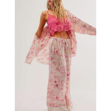 Argeousgor Women's Floral Pajama Sets Silk Satin Lounge Set Long Sleeve