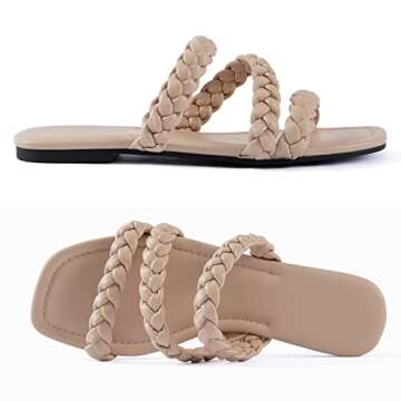 Mtzyoa Women Flat Sandals Braided Strap Cream Size 6.5 Leather Summer Slip on Square toe Slide Sandals