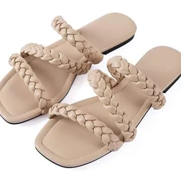 Mtzyoa Women Flat Sandals Braided Strap Cream Size 6.5 Leather Summer Slip on Square toe Slide Sandals