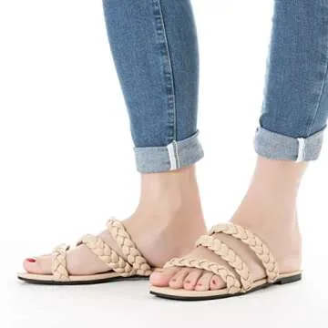 Mtzyoa Women Flat Sandals Braided Strap Cream Size 6.5 Leather Summer Slip on Square toe Slide Sandals