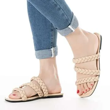 Mtzyoa Women Flat Sandals Braided Strap Cream Size 6.5 Leather Summer Slip on Square toe Slide Sandals