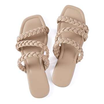 Mtzyoa Women Flat Sandals Braided Strap Cream Size 6.5 Leather Summer Slip on Square toe Slide Sandals