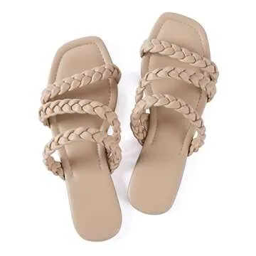 Mtzyoa Women Flat Sandals Braided Strap Cream Size 6.5 Leather Summer Slip on Square toe Slide Sandals