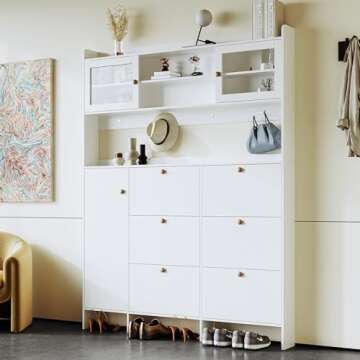 Multifunctional Shoe Cabinet with Storage Shelf & 6 Flip Drawers, Modern Large Hall Tree with Tempered Glass Doors, Elegant Foyer Cabinet with 4 Hooks for Hallway, White