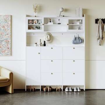Multifunctional Shoe Cabinet with Storage Shelf & 6 Flip Drawers, Modern Large Hall Tree with Tempered Glass Doors, Elegant Foyer Cabinet with 4 Hooks for Hallway, White