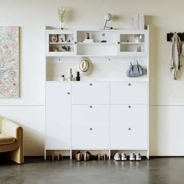 Multifunctional Shoe Cabinet with Storage Shelf & 6 Flip Drawers, Modern Large Hall Tree with Tempered Glass Doors, Elegant Foyer Cabinet with 4 Hooks for Hallway, White