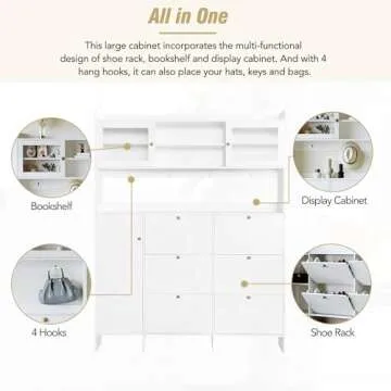 Multifunctional Shoe Cabinet with Storage Shelf & 6 Flip Drawers, Modern Large Hall Tree with Tempered Glass Doors, Elegant Foyer Cabinet with 4 Hooks for Hallway, White