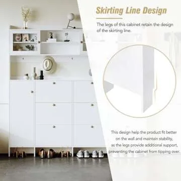 Multifunctional Shoe Cabinet with Storage Shelf & 6 Flip Drawers, Modern Large Hall Tree with Tempered Glass Doors, Elegant Foyer Cabinet with 4 Hooks for Hallway, White