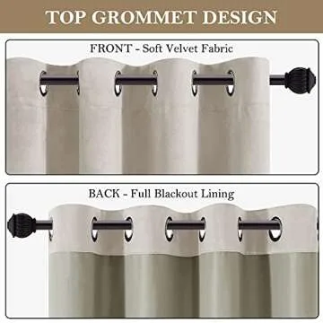 HOMEIDEAS Beige Full Blackout Velvet Curtains,52 X 84 Inch Ivory Room Darkening Thermal Insulated Grommet Window Drapes for Bedroom, Living Room, 2 Panels