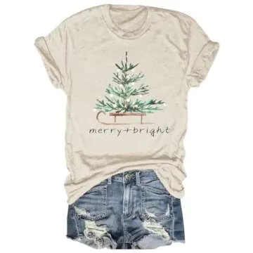 Women's Merry and Bright Christmas Tree T-Shirt - Casual Winter Xmas Top for Family Parties (Beige, ...
