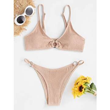 ZAFUL Women's Ribbed O-Ring String Padded Low Waisted Bikini Set Swimsuit