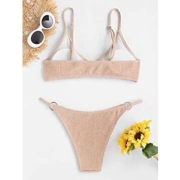 ZAFUL Women's Ribbed O-Ring String Padded Low Waisted Bikini Set Swimsuit