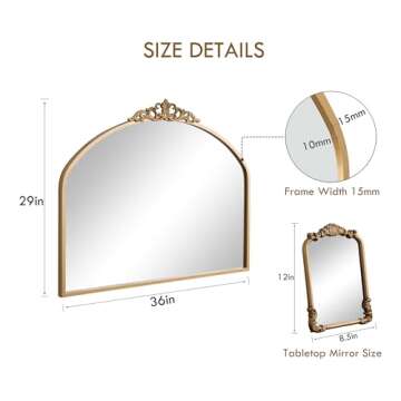 1 Set Vintage Mirror 36x29 Gold Antique Mirror Baroque Arched Ornate Traditional Brass Mirror and 8.5x12 Vintage Vanity Makeup Desk Table Mirror for Bathroom Entryway Living Room Hallway Fireplace