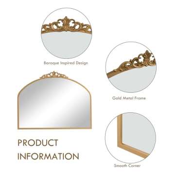 1 Set Vintage Mirror 36x29 Gold Antique Mirror Baroque Arched Ornate Traditional Brass Mirror and 8.5x12 Vintage Vanity Makeup Desk Table Mirror for Bathroom Entryway Living Room Hallway Fireplace