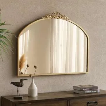 1 Set Vintage Mirror 36x29 Gold Antique Mirror Baroque Arched Ornate Traditional Brass Mirror and 8.5x12 Vintage Vanity Makeup Desk Table Mirror for Bathroom Entryway Living Room Hallway Fireplace