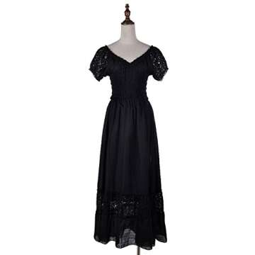 Anna-Kaci Renaissance Peasant Maiden Boho Inspired Cap Sleeve Lace Trim Maxi Dress, Black, Small