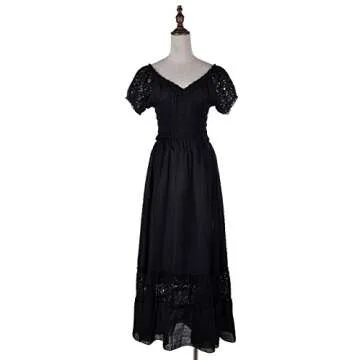 Anna-Kaci Renaissance Peasant Maiden Boho Inspired Cap Sleeve Lace Trim Maxi Dress, Black, Small