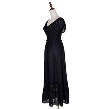 Anna-Kaci Renaissance Peasant Maiden Boho Inspired Cap Sleeve Lace Trim Maxi Dress, Black, Small