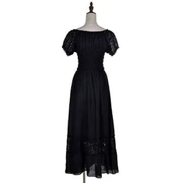 Anna-Kaci Renaissance Peasant Maiden Boho Inspired Cap Sleeve Lace Trim Maxi Dress, Black, Small