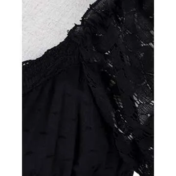 Anna-Kaci Renaissance Peasant Maiden Boho Inspired Cap Sleeve Lace Trim Maxi Dress, Black, Small