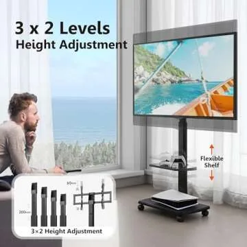 FITUEYES Rolling TV Stand with Power Outlets, Swivel Portable TV Stand for 32-75Inch LCD LED OLED Flat/Curved Panel Screen TVs,Height Adjustable&Wood Base, Mobile TV Cart with1 Shelf, Black.