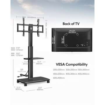 FITUEYES Rolling TV Stand with Power Outlets, Swivel Portable TV Stand for 32-75Inch LCD LED OLED Flat/Curved Panel Screen TVs,Height Adjustable&Wood Base, Mobile TV Cart with1 Shelf, Black.