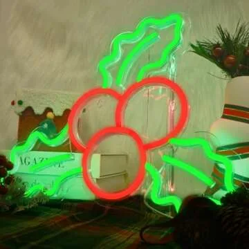 FAXFSIGN Holly Berries Neon Sign Christmas Neon Signs for Wall Decor Red Berry with Green Leaves Lig...