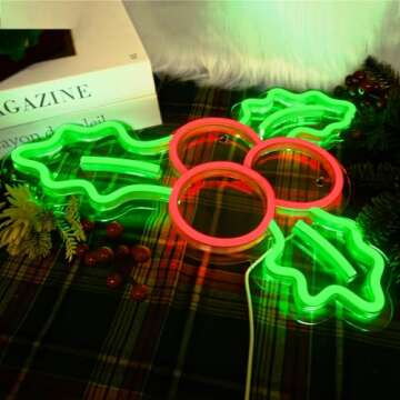 FAXFSIGN Holly Berries Neon Sign Christmas Neon Signs for Wall Decor Red Berry with Green Leaves Light Up Signs for Bedroom Home Christmas Wedding Party Holiday Decorations Gifts