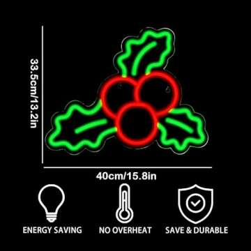 FAXFSIGN Holly Berries Neon Sign Christmas Neon Signs for Wall Decor Red Berry with Green Leaves Light Up Signs for Bedroom Home Christmas Wedding Party Holiday Decorations Gifts