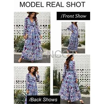 BLENCOT Women's Casual Boho Floral Printed Deep V Neck Loose Long Sleeve Long Evening Dress Ruched Cocktail Party Maxi Wedding Dress Blue X-Large