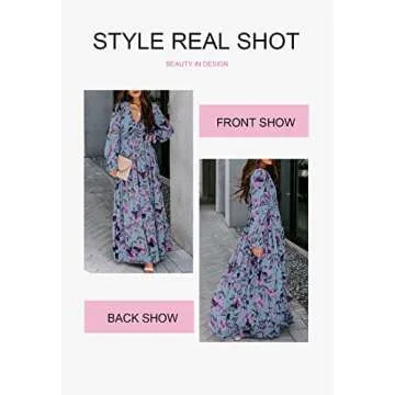 BLENCOT Women's Casual Boho Floral Printed Deep V Neck Loose Long Sleeve Long Evening Dress Ruched Cocktail Party Maxi Wedding Dress Blue X-Large
