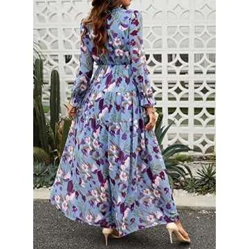 BLENCOT Women's Casual Boho Floral Printed Deep V Neck Loose Long Sleeve Long Evening Dress Ruched Cocktail Party Maxi Wedding Dress Blue X-Large