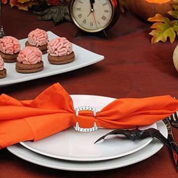 Set of 6 Halloween Napkin Ring Holder Buckle Vampire Fangs Teeth Napkin Rings Metal Alloy Napkin Rings Spooky Napkin Holder Ring Serviette Ring Holders for Halloween Party Dinner Table Decor (Silver)