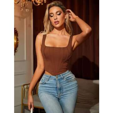 KUTUMAI Women's Vintage Corset Crop Top Strap Boned Zip Back Bustier Going Out Streetwear Solid Brown M