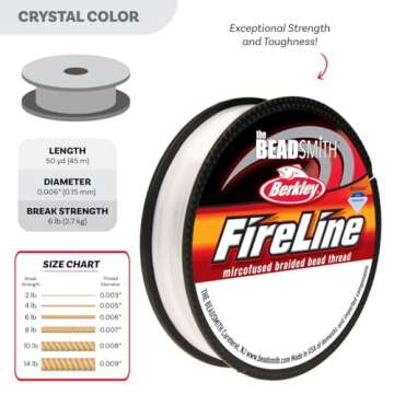 The Beadsmith Fireline by Berkley – Micro-Fused Braided Thread – 6lb. Test, 006”/.15mm Diameter, 50 Yard Spool, Crystal Color – Super Strong Stringing Material for Jewelry Making and Bead Weaving