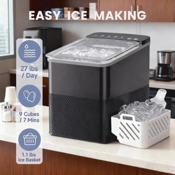 Countertop Ice Maker, 9 Bullet Ice in Just 6 Mins, 27 lbs Daily Output, Ice Machine with Ice Scoop a...