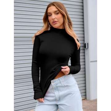 Abardsion Women's Long Sleeve Mock Turtleneck Shirts 2025 Fleece Lined Base Layer Slim Fit Thermal Underwear Tops (Black, S)