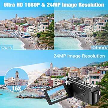 Video Camera Camcorder, FHD 1080P 24MP Camcorders Youtube Vlogging Camera 16X Digital Zoom 3.0 Inch 270 Degree Rotation Screen Video Camera Recorder with Microphone, Remote and 2 Batteries