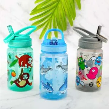 Home Tune 15oz Kids Water Drinking Bottle - BPA Free, Wide Mouth, Flip Straw Sip Lid, Easy Open, Lig...