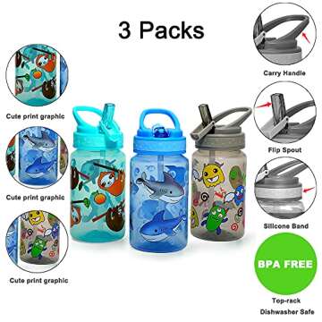 Home Tune 15oz Kids Water Drinking Bottle - BPA Free, Wide Mouth, Flip Straw Sip Lid, Easy Open, Lightweight, Leak-Proof Water Bottle Cute Design For Girls & Boys - 3 Pack Shark & Sloth & Monster