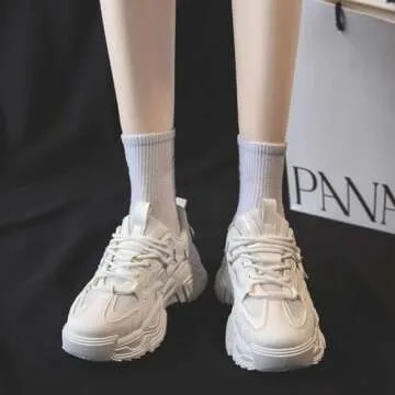 Mehlvdoy Women's Fashion Sport Breathable Mesh Platform Sneakers Casual Running Walking Shoes Size 8 White