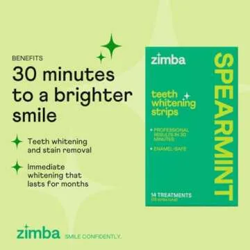 Zimba Spearmint Flavored Teeth Whitening Strips | Vegan, Enamel Safe Hydrogen Peroxide Teeth Whitene...