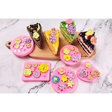 Flower Fondant Cake Molds-8 Pcs-Daisy, Rose, Chrysanthemum and Small Flower Leaf, Candy Silicone Molds for Chocolate Fondant Polymer Clay Soap Crafting Projects & Cake Decoration