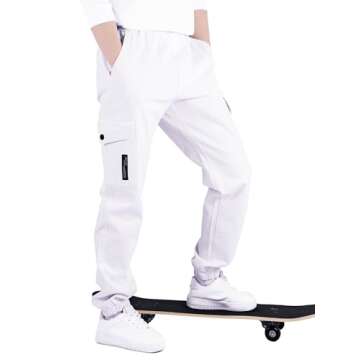 CAMLAKEE Boys Cargo Pants for Kids Stretch Elastic Waist School Youth Twill Joggers White 6-7 Years/...