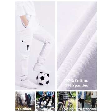 CAMLAKEE Boys Cargo Pants for Kids Stretch Elastic Waist School Youth Twill Joggers White 6-7 Years/Size 130