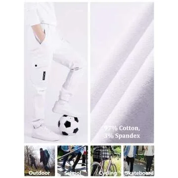 CAMLAKEE Boys Cargo Pants for Kids Stretch Elastic Waist School Youth Twill Joggers White 6-7 Years/Size 130