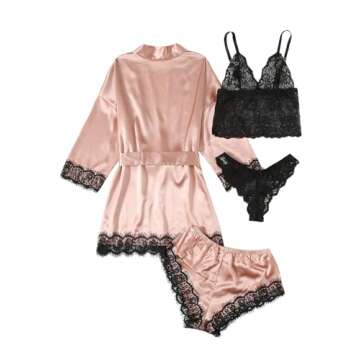 Satin Pajama Set for Women with Lace and Robe - Pink M