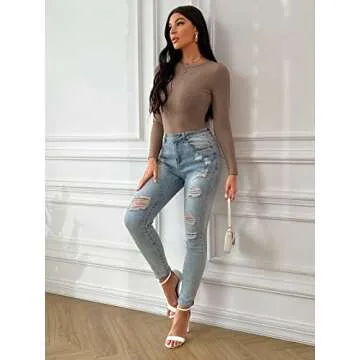 Niitawm Women Knit Ribbed Long Sleeve Casual Going Out Fashion Clothes Crewneck Slim Soft Crewneck Rib Knit Slim Fit Shirts Basic Tee Outfits