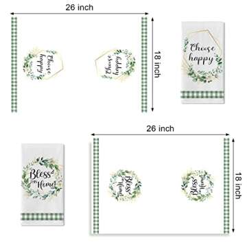 Seliem Spring Eucalyptus Leaves Wreath Kitchen Dish Towel Set of 2, Bless This Home Choose Happy Han...
