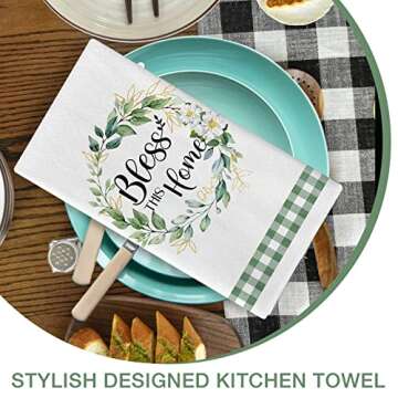 Seliem Spring Eucalyptus Leaves Wreath Kitchen Dish Towel Set of 2, Bless This Home Choose Happy Hand Towel Drying Baking Cooking Cloth, Green Buffalo Plaid Summer Seasonal Kitchen Decor 18x26 Inches